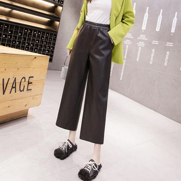 

houzhou leather pants women 2020 winter pu pants high waist faux leather loose trousers women straight trousers, Black;white