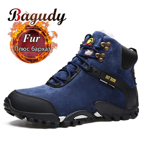 

super leather snow outdoor leisure warm fur&plush lace up sneakers men winter boots work shoes 201128, Black