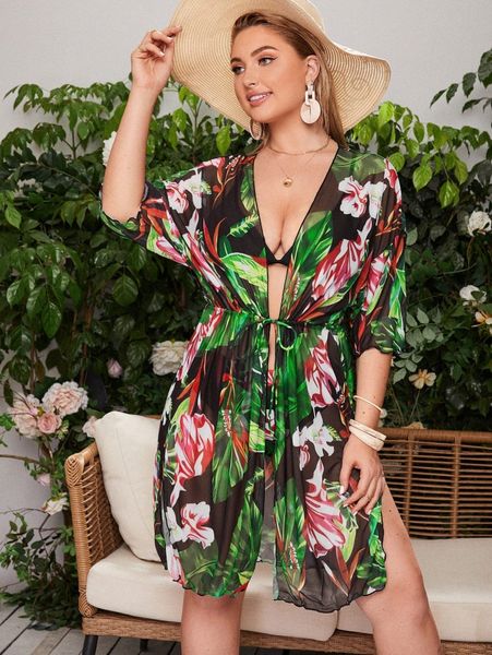 

3pack plus floral print bikini swimsuit & kimono 88ly#, Black