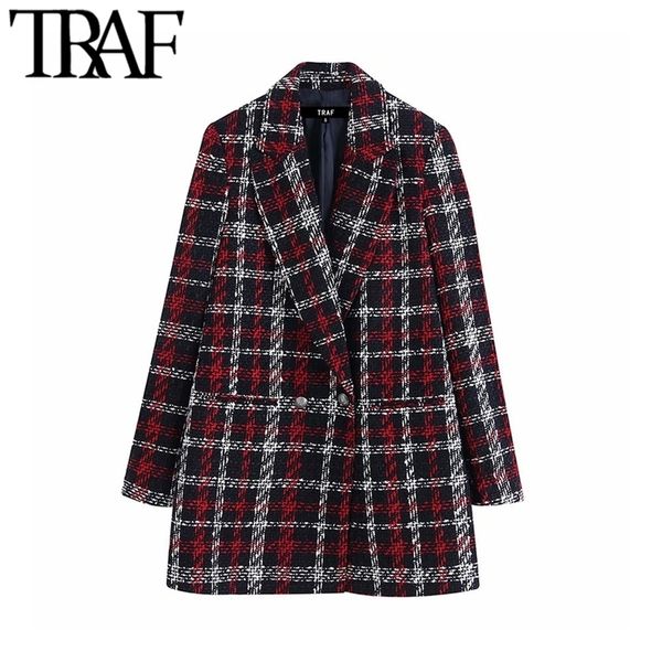 

traf women office lady plaid double breasted tweed blazer coat vintage fashion long sleeve pockets ladies outerwear chic lj200911, White;black