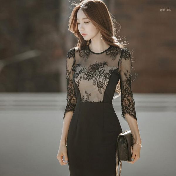 

backlakegirls lace splicing black sheath bodycon dress women 3/4 sleeve round neck knee length party dress vestidos1, White;black