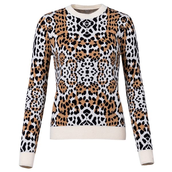 

leopard sweater for women crew neck jacquard pattern, Black