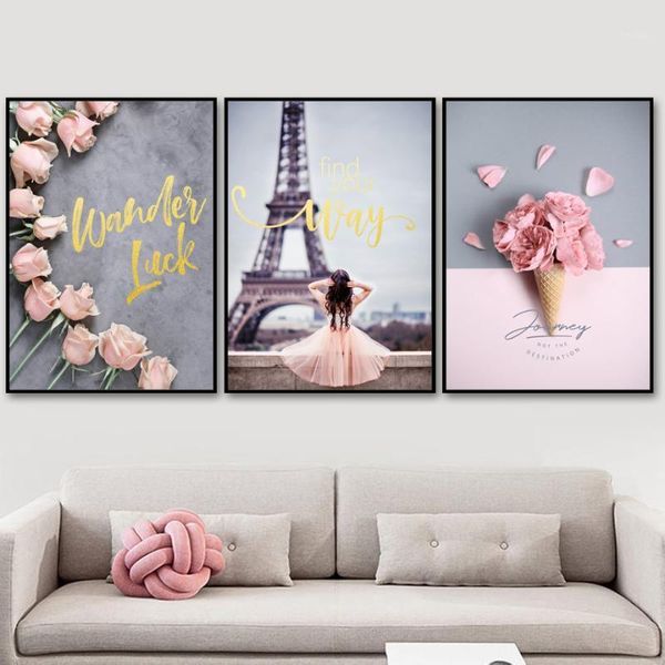 

pink peony flower girl paris tower quotes wall art canvas painting nordic posters and prints wall pictures for living room decor1