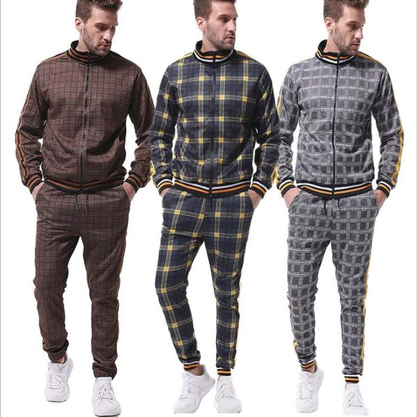 

men sweatsuits casual plaid pattern mens tracksuits all season jacket + joggers running outerwear men's outfits fashion sets, Gray