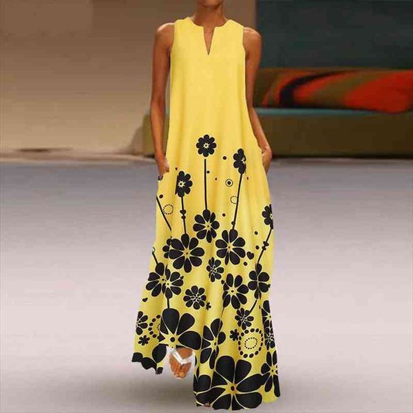 

womens printed sundress bohemian summer maxi dress casual sleeveless vestidos female v neck floral robe plus size 5xl, Black;gray