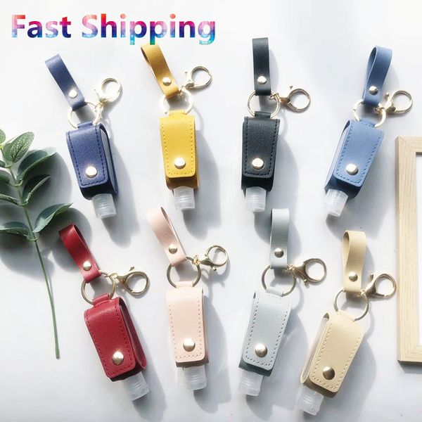 

portable hand sanitizer holder keychain 30ml pu leather keyring travel bottle holder leakproof alcohol bottle cover refillable carriers