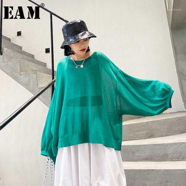 

eam] women multicolor green knitting perspective big size t-shirt new round neck long sleeve fashion spring summer 2020 1t8351, White