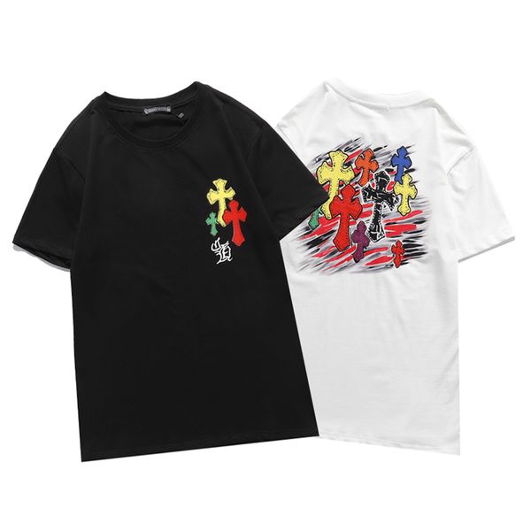 

american european and fashion brand solid color cross casual graffiti around the neck couple shirt with short sleeves rc7x, White;black