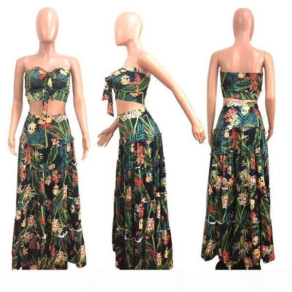 

girl lady two piece dress long wrap skirt strapless floral print high waist maxi skirt with crop ruffle, White