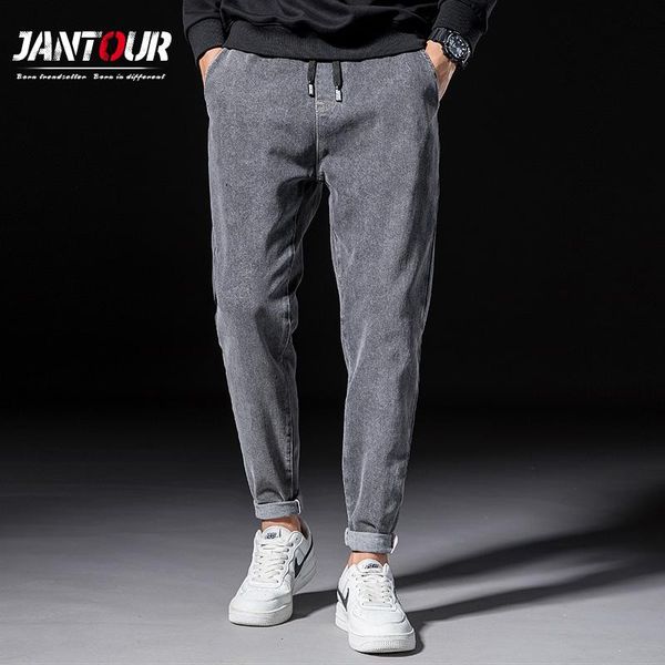 

men's jeans mens 2021 autumn winter gray pencil harem pants casual drawstring elastic cotton thick regular fit denim male trousers, Blue