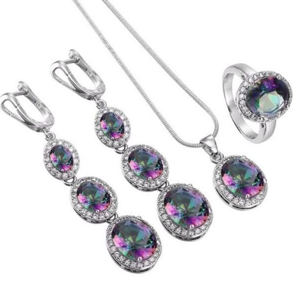 

elegant women round rhinestone pendant chain necklace earrings ring jewelry set, Silver