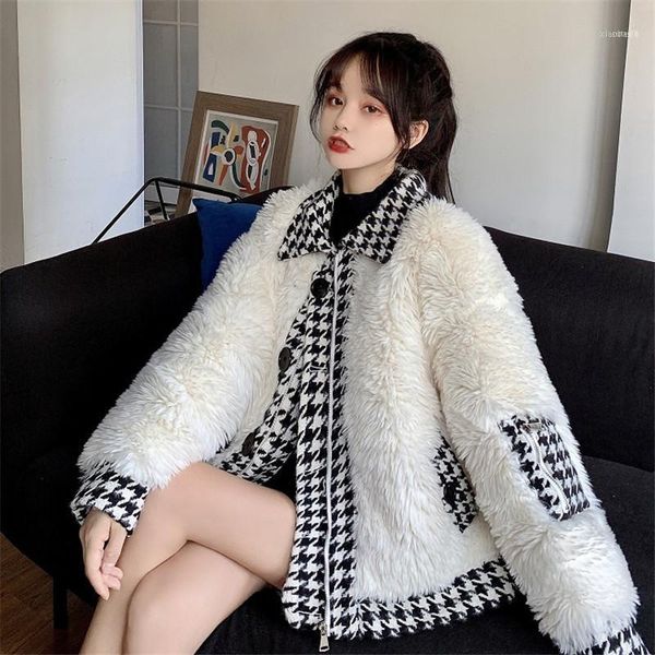 

korea houndstooth patchwork parkas sheepskin jackets women winter warm thermal coat11, Black