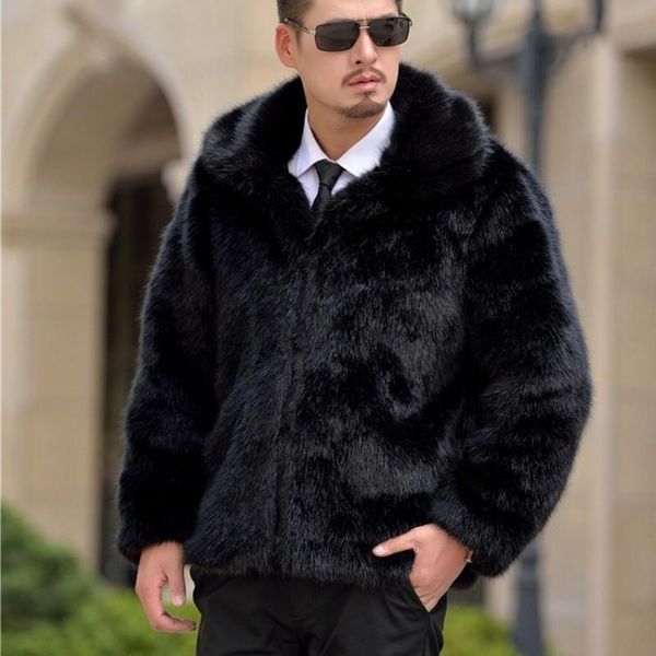 

men's fur & faux winter business men casual warm coat zipper lapel collar office work thick outwear jacket male plus size s-4xl overcoa, Black
