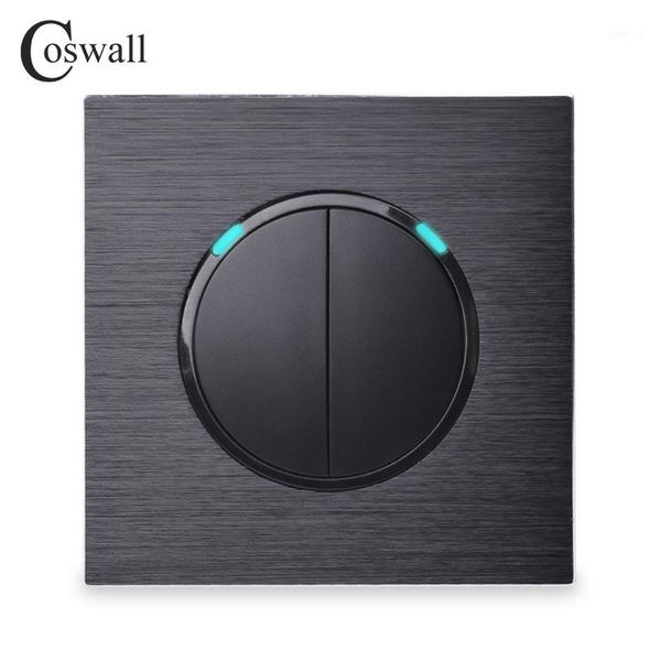 

coswall 2 gang 1 way random click on / off wall light switch with led indicator black / silver grey aluminum metal panel r12-021