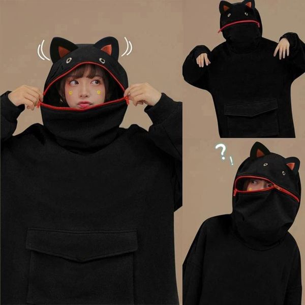 

korean style women's kawaii hoodies stitching three-dimensional cute cat design pullover big pocket zipper sweatershirt mujer, Black