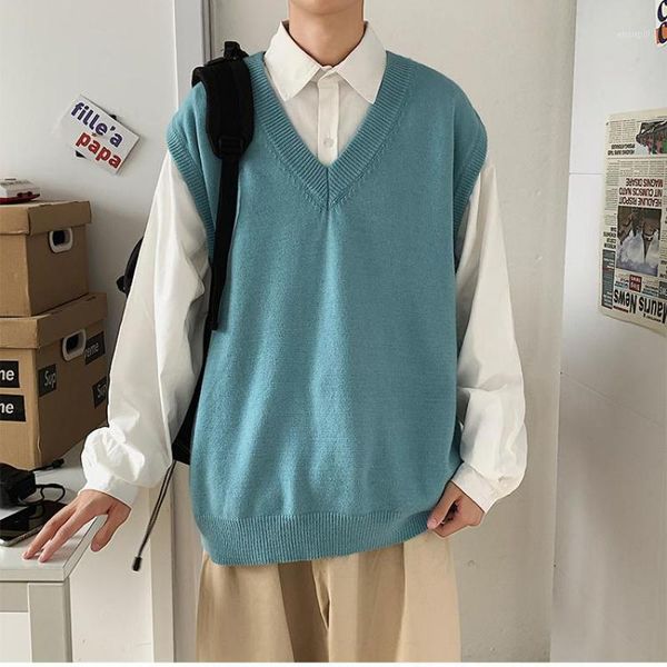 

oversize sweater vest men clothing 2020 new arrival solid color autumn streetwear pullover homme spring wool sweater men clothes1, White;black