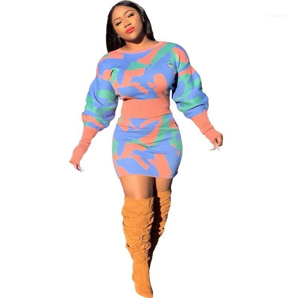 

sets fashion printed womens two piece dress casual crew neck long sleeve designer two piece, White