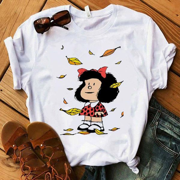 

womens t shirt mafalda cartoon fashion print t shirt ladies casual harajuku graphic short sleeve kawaii tshirt female, White