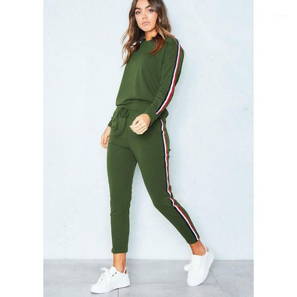 

hirigin 2pcs set women's hoodies sets long sleeve o-neck sweatshirt + striped ankle-length pants autumn fashion cool gilrs suit1, Gray