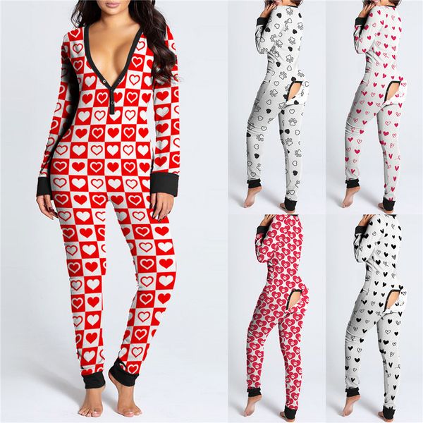 

valentines v neck womens jumpsuits party long sleeve slim womens rompers casual skinny printed ladies jumpsuits, Black;white