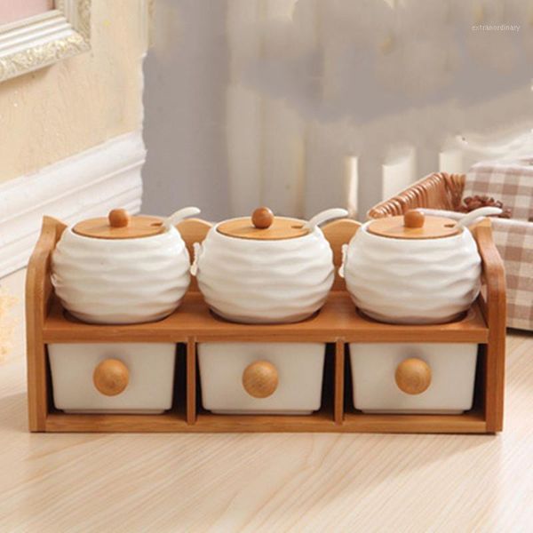 

ceramic kitchen accessories spice jar 6pcs /set-japan-style double-layer six-piece seasoning box set wooden storage tray holder1