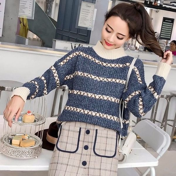 

knitted striped sweater female plus size loose casual pullovers women 2021 autumn winter turtleneck sister loose sweater girl, White;black