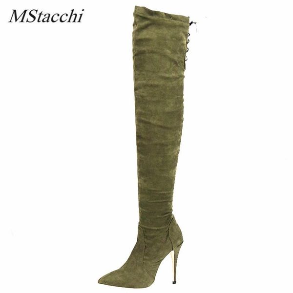 

mstacchi temperament botas women suede butterfly-knot plush warm lace-up leopard stiletto shoes fashion thigh high boots female, Black