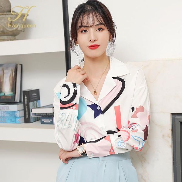 

h han queen new fashion print women blouses long sleeve turn-down collar chiffon blouse casual plus size elegant work shirt1, White