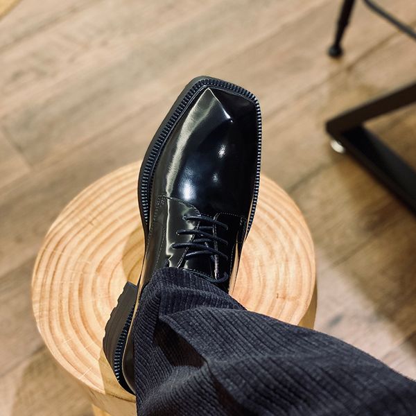 

handmade square toe mens derby shoes fashion full grain leather men thick sole formal business shoe male flats oxfords, Black