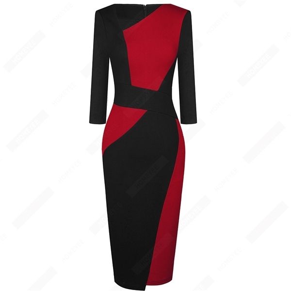 

vintage women patchwork asymmetrical collar elegant casual work office sheath slim dress eb517 q1217, Black;gray