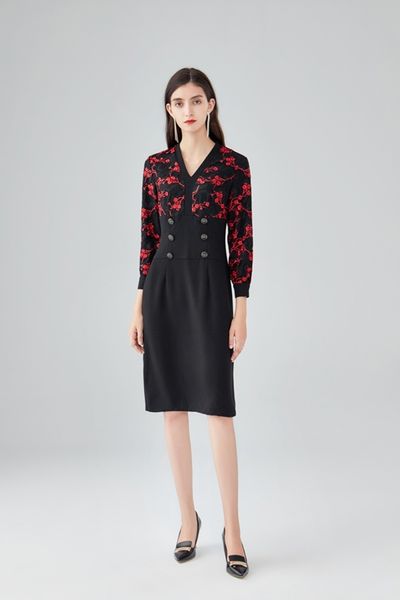 

black embroidered dress autumn winter new middle-aged women's clothing temperament o l dress commuting retro-fake two pieces stitching, Black;gray