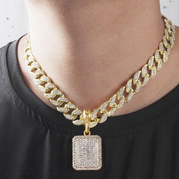 

hip hop zircon crystal square pendant with 18" full iced miami cuban choker chain necklace 201014, Silver