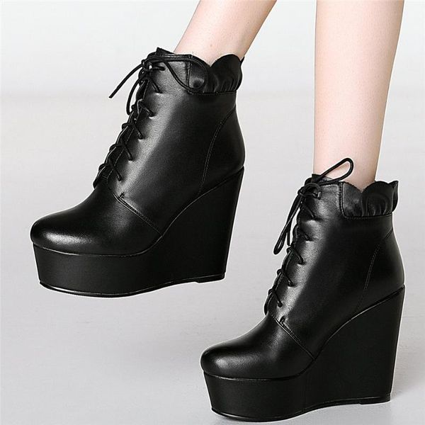 

chunky platform pumps shoes women lace up genuine leather wedges high heel ankle boots female high round toe casual shoes, Black
