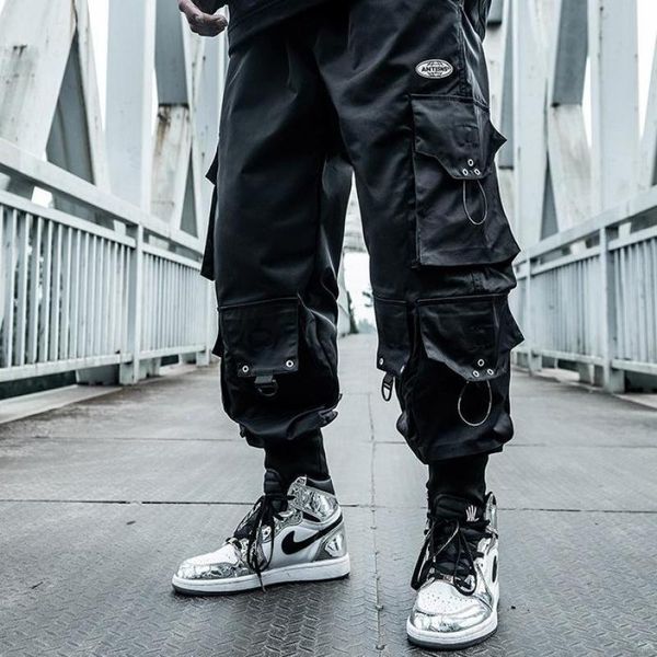 

techwear pants men's black harem overalls ribbon men's sports pants streetwear multi-pocket casual hip-hop jogger