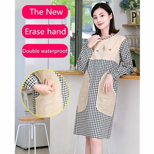 

aprons can wipe their hands apron household kitchen waterproof oil-proof ladies' work clothes with sleeves full body coat a4061
