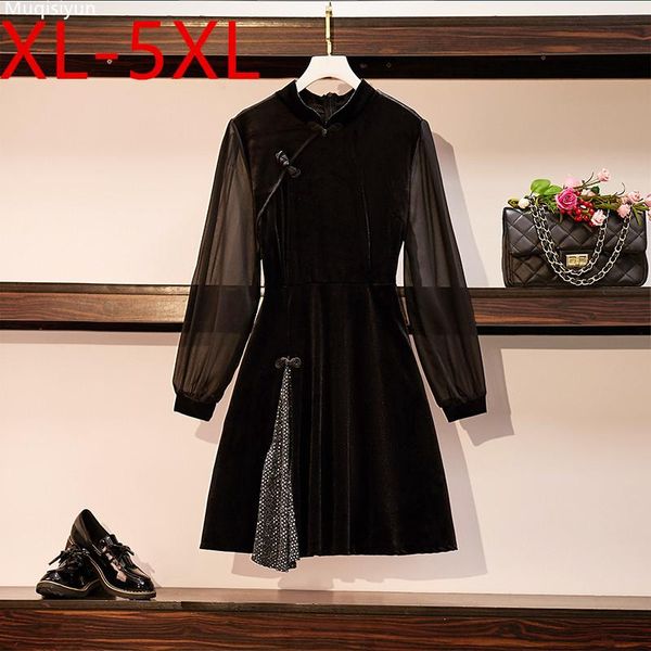 

xl-5xl plus size 2021 spring women's long sleeves cheongsam style patchwork pleuche mini dress female oversize dresses s047, Black;gray