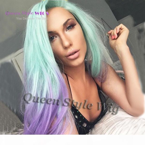 

fairy drag queen hairstyle lace front wig synthetic long straight ombre light green mint blue purple color hair lace front wig, Black