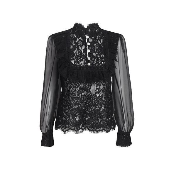 

2020 fall / winter new embroidered lace long sleeve shirt fashion classic black shirt woman h0958, White