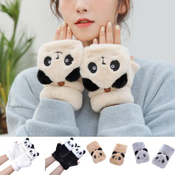 

winter warm soft animal mittens women half-finger driving gloves plush thick cute cartoon writing warm gloves for women#y30, Blue;gray
