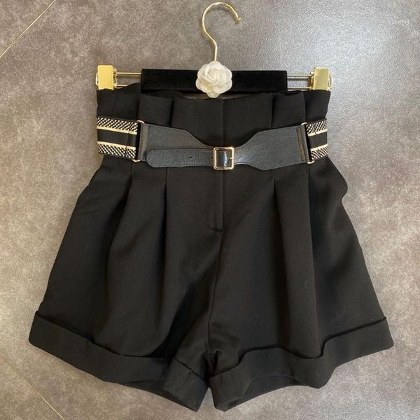 

2020 belt decoration hem wide leg high waist shorts trend 10111, White;black