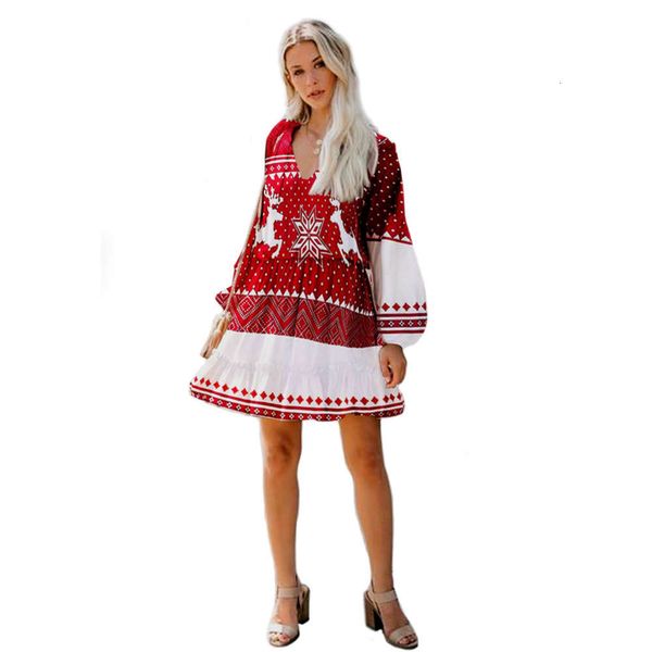 

2020 new drs christmas print autumn v-neck loose lantern sleeve skirt, Black;gray