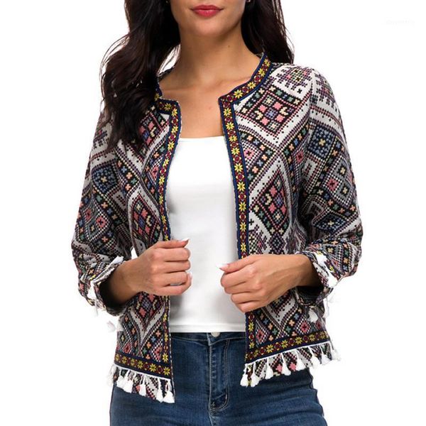 

women's jackets cotton slim tassels women jacket 2021 fashion printed geometric brown autumn coats for womens plus size female casual j, Black;brown
