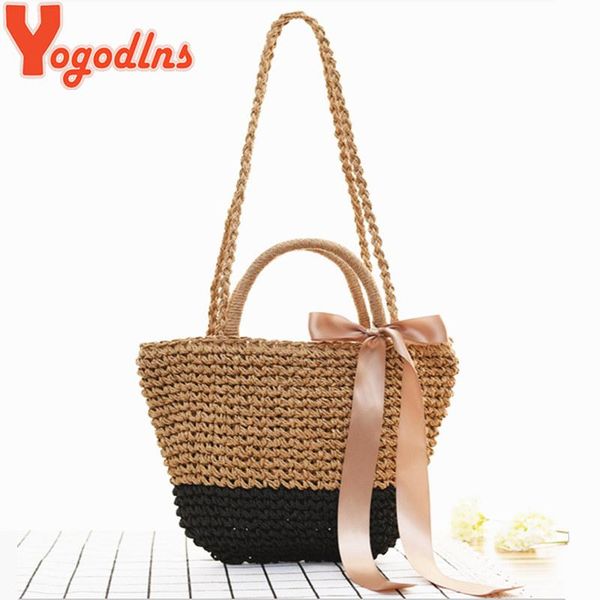 

yogodlns лето ручной солома сумка лента bowknot бич сумка casual вязание сумка женщина rattan woven мешок плечо bolso