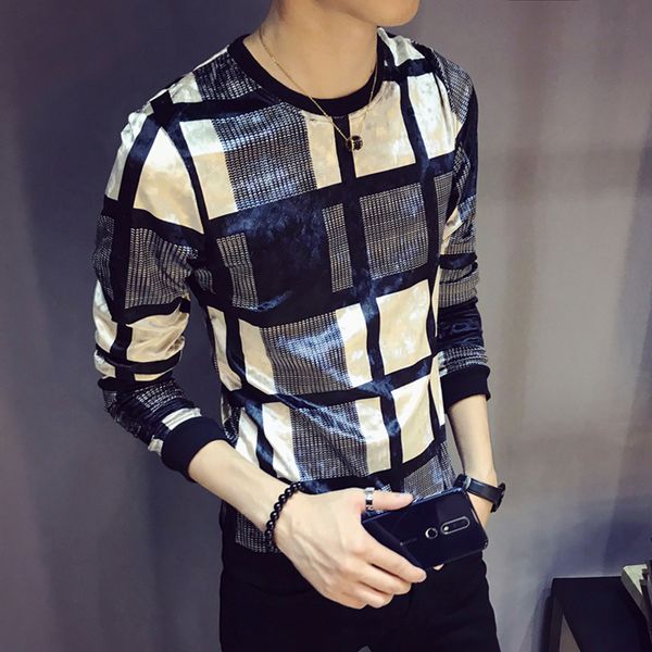 

2020 male new deluxe autumn mesh outfit thin suit long sleeve neck t-shirt 8skh, White;black
