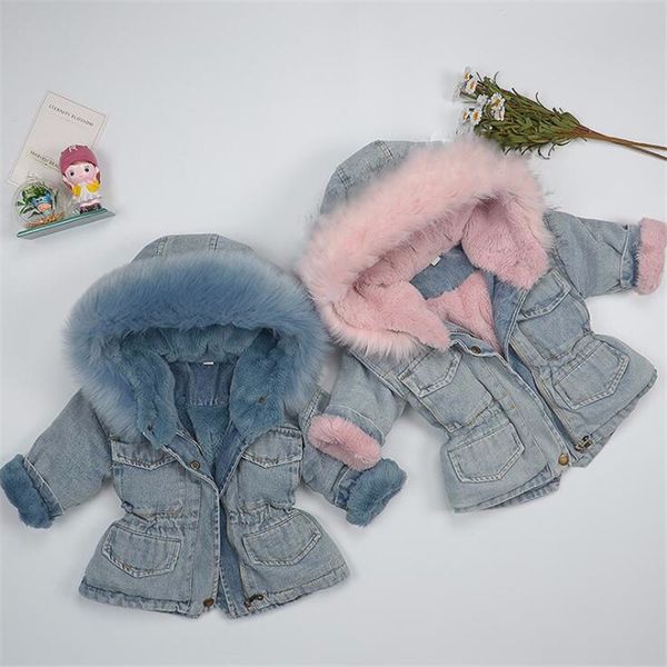 

1-5y baby girls denim plus velvet thicken jacket for children clothes winter new kids boys big fur collar outwear coat 201118, Blue;gray