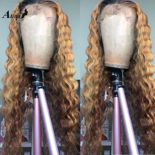 

lace wigs ombre colored brown loose deep part wave human hair wig pre plucked bleach knots remy hd transparent closure, Black;brown