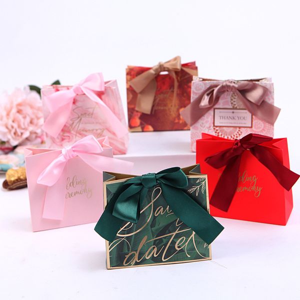 Hochzeits-Süßigkeitsbeutel mit Schleife, 11,4 x 10 x 4,5 cm, weißes Kraftpapier, Dankeschön-Hochzeits-Gastgeschenke und Geschenktüte