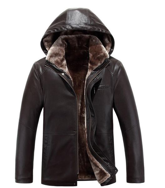 

jaquea masculina meia idade casacos couro ovelha gola pele dos homens pelcia longo grosso casaco de inverno 4zes, Black