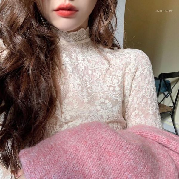 

women's blouses & shirts lace bottoming shirt women's autumn and winter retro hong kong style chic small fashion foreign mesh with, White