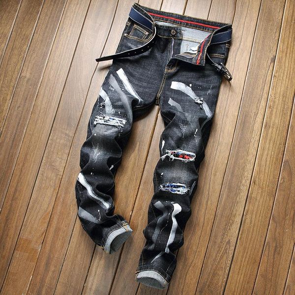 

autumn winter european american men's jeans slim straight all match cowboy pants fashion man stretch ripped youth denim trousers, Blue